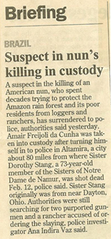 Newspaper clipping about Sister Dorothy's murder